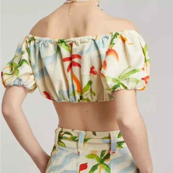 Farm Rio Tropical Linen Crop Top Women's Sz XS Tube Shirt Multi Colored Beach - Picture 2 of 10